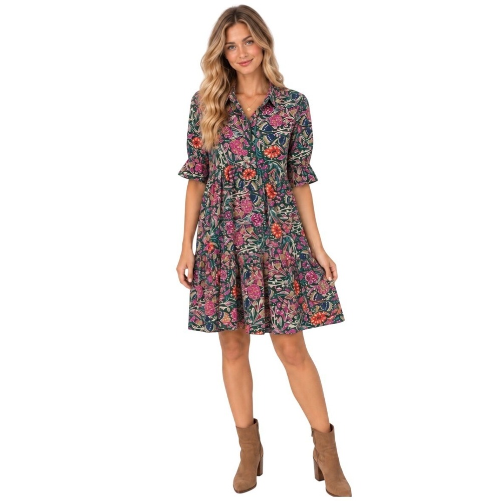 NWT Natural Life Floral Tiered Shirt Dress XS Green Multi Boho LHDRS002652